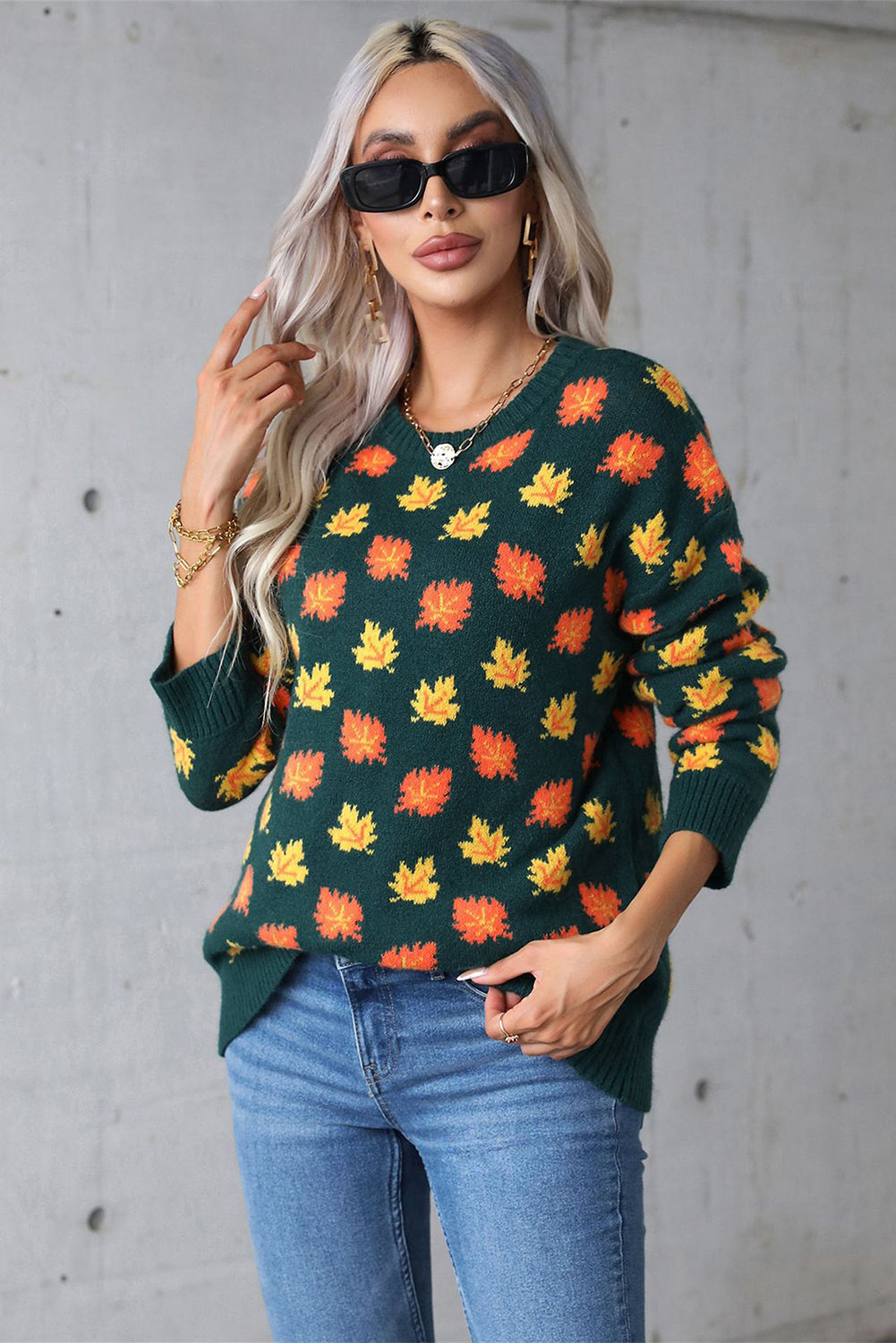 Blackish Green Fall Leaves Pattern Crew Neck Sweater