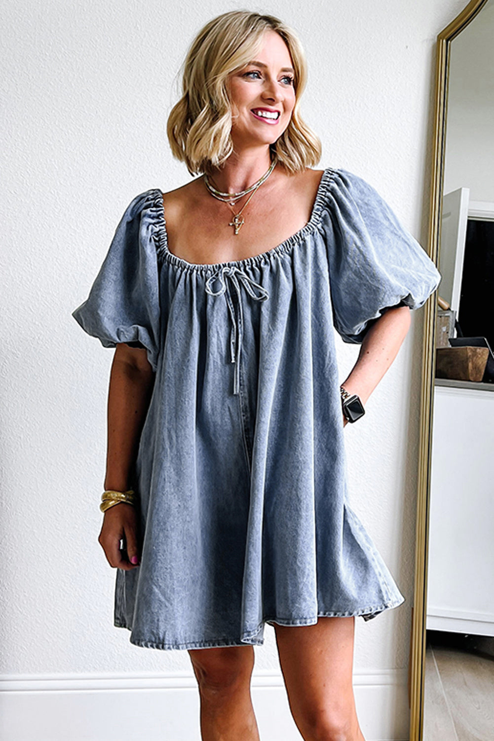 Myosotis Bubble Sleeve Square Neck Denim Babydoll Dress