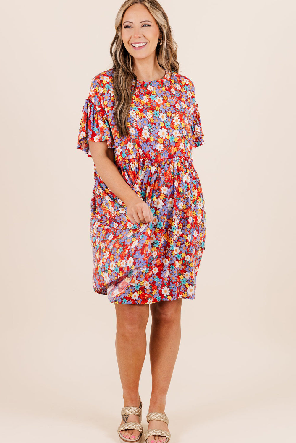 Red Dainty Flower Printed Plus Size Short Sleeve Shift Dress