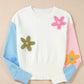 Multicolour Floral Embroidered Colorblock Fuzzy Drop Shoulder Sweater