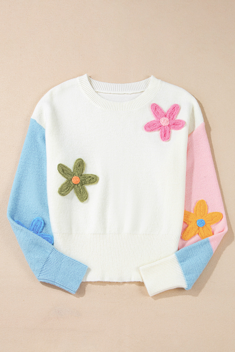 Multicolour Floral Embroidered Colorblock Fuzzy Drop Shoulder Sweater