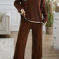 Coffee Contrast Trim Split Cuffs Long 2pcs Sweater Outfit Loungewear