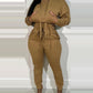 Shirred Pocket Design Crop Hoodie & High Waist Cuffed Sweatpants Set