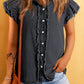 Black Button Front Ruffled Flutter Frayed Denim Top