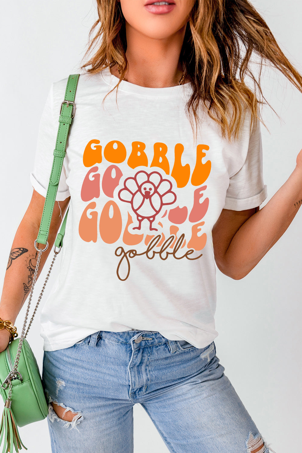 White Gobble Thanksgiving Turkey Graphic Cotton Blend T Shirt