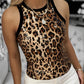 Contrast Sequin Leopard Pattern O neck Sleeveless Tank Tops Slim Fitted Shirt