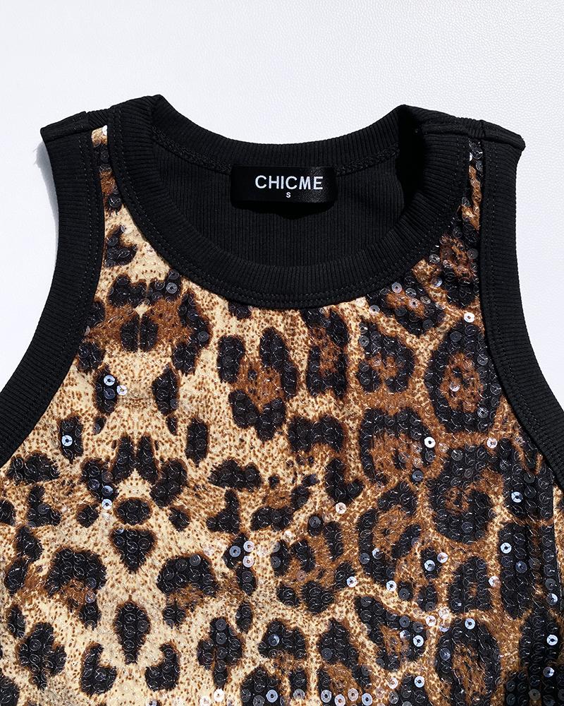 Contrast Sequin Leopard Pattern O neck Sleeveless Tank Tops Slim Fitted Shirt