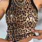 Contrast Sequin Leopard Pattern O neck Sleeveless Tank Tops Slim Fitted Shirt