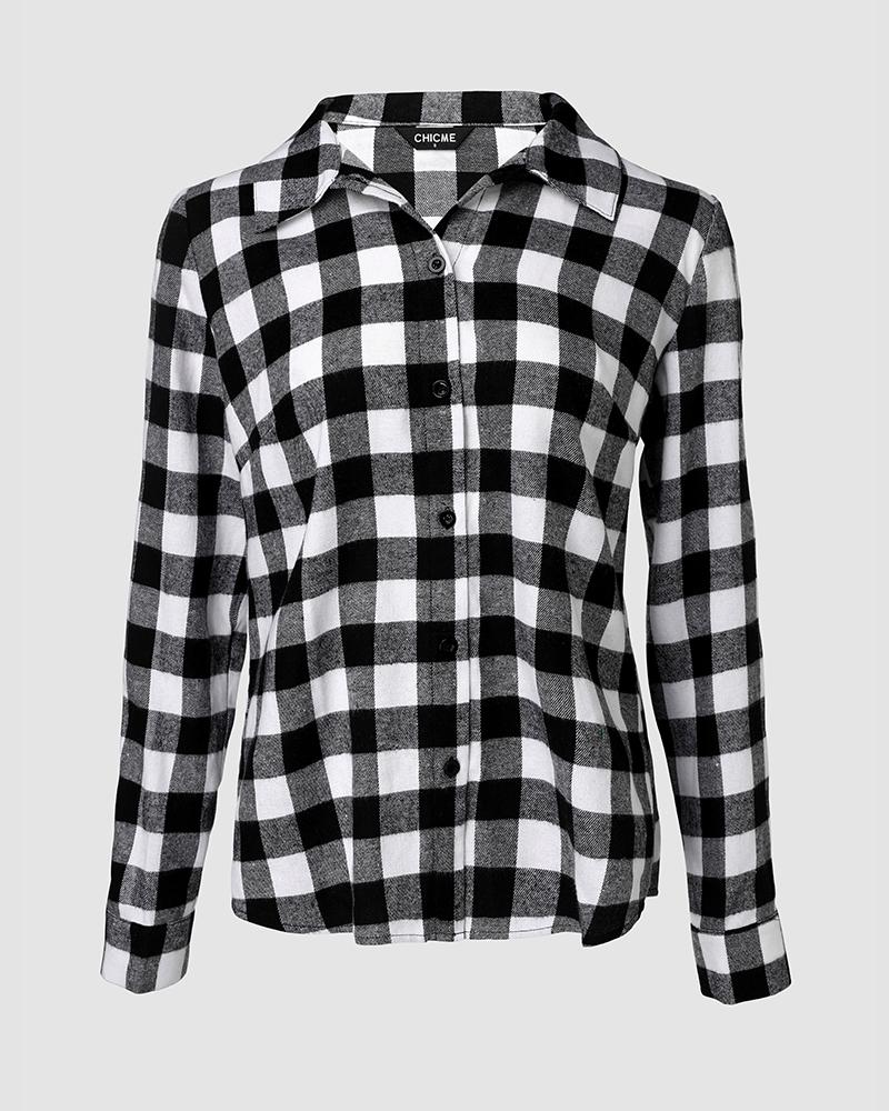 Plaid Print Buttoned Casual Long Sleeve Top