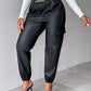 PU Leather High Waist Cargo Pants with Flap Pocket Chain Decor Cuffed Jogger Pants