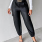 PU Leather High Waist Cargo Pants with Flap Pocket Chain Decor Cuffed Jogger Pants