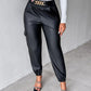 PU Leather High Waist Cargo Pants with Flap Pocket Chain Decor Cuffed Jogger Pants