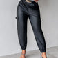 PU Leather High Waist Cargo Pants with Flap Pocket Chain Decor Cuffed Jogger Pants