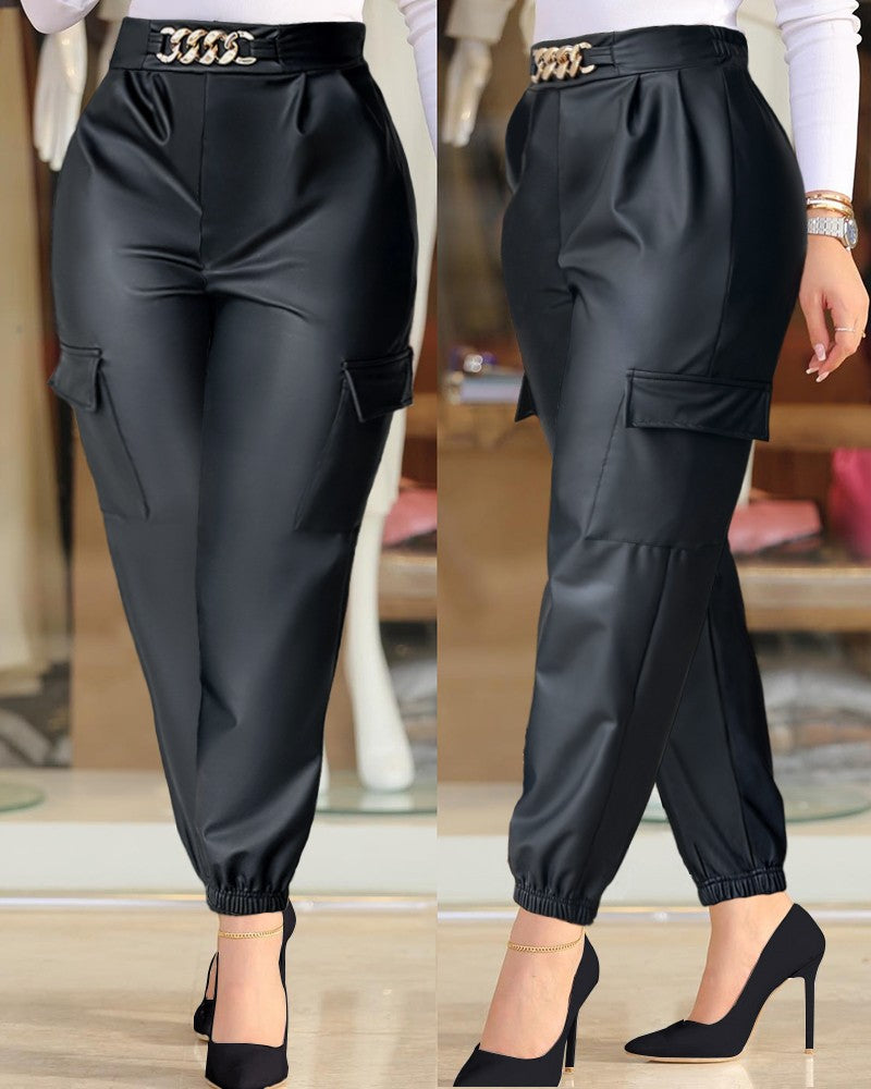 PU Leather High Waist Cargo Pants with Flap Pocket Chain Decor Cuffed Jogger Pants