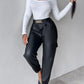 PU Leather High Waist Cargo Pants with Flap Pocket Chain Decor Cuffed Jogger Pants