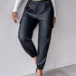 PU Leather High Waist Cargo Pants with Flap Pocket Chain Decor Cuffed Jogger Pants