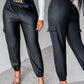 PU Leather High Waist Cargo Pants with Flap Pocket Chain Decor Cuffed Jogger Pants