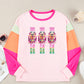 Pink Christmas Sequin Nutcracker Graphic Colorblock Long Sleeve Top