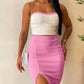 2 Pieces Colorblock Bandeau Strapless Top and Side Slit Slim Fit Skirt Set