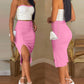 2 Pieces Colorblock Bandeau Strapless Top and Side Slit Slim Fit Skirt Set