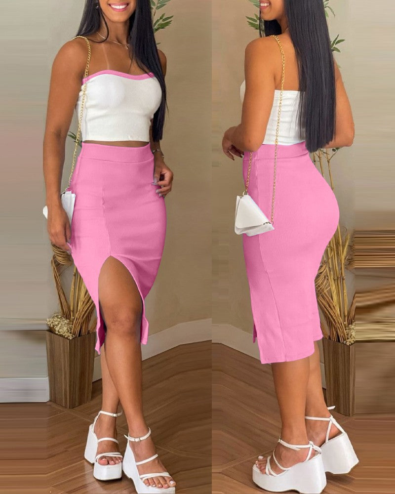 2 Pieces Colorblock Bandeau Strapless Top and Side Slit Slim Fit Skirt Set