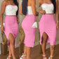 2 Pieces Colorblock Bandeau Strapless Top and Side Slit Slim Fit Skirt Set