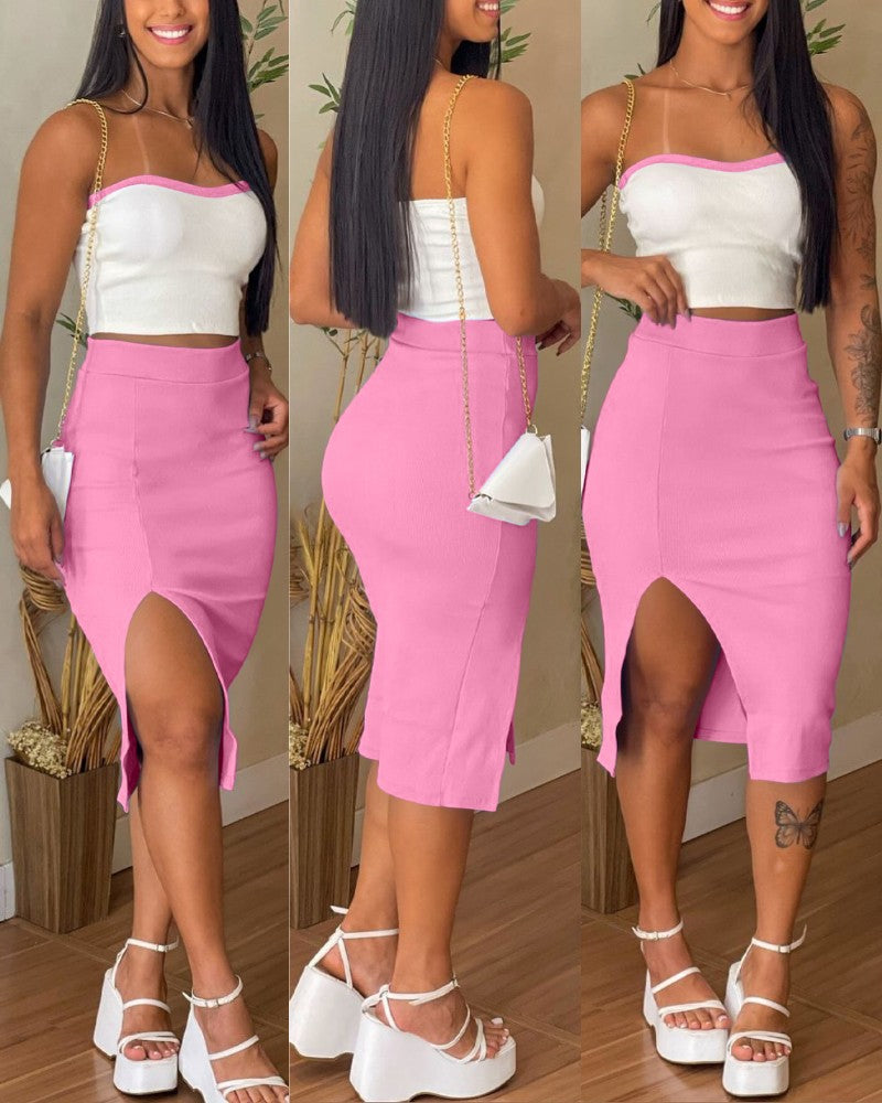 2 Pieces Colorblock Bandeau Strapless Top and Side Slit Slim Fit Skirt Set