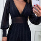 Sparkly Glitter Dressy Jumpsuit Plunge Long Sleeve Sheer Mesh Patch Clubwear Straight Leg Long Pants Rompers