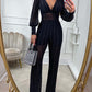 Sparkly Glitter Dressy Jumpsuit Plunge Long Sleeve Sheer Mesh Patch Clubwear Straight Leg Long Pants Rompers