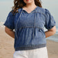 Sail Blue Plus Drawstring V Neck Puff Sleeve Denim Blouse