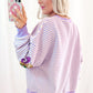 Purple Stripe Sequin Fleur de Lis Patched Pattern Long Sleeve Top