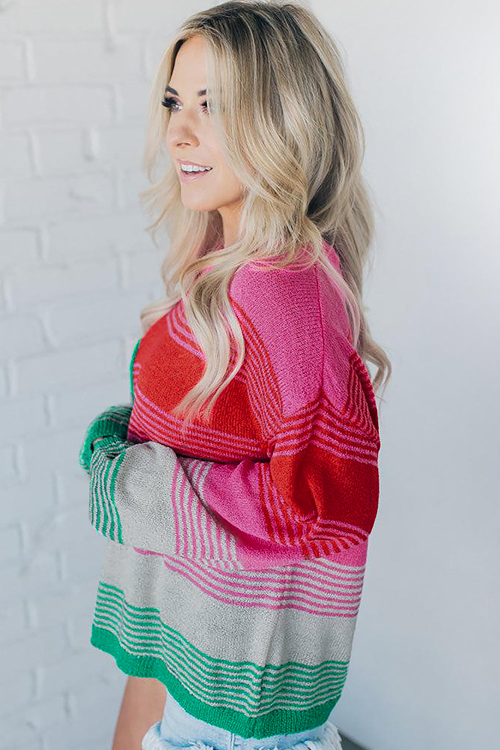 Rose Striped Knit Patch Pocket Drop Shoulder Sweater