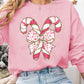 Pink Christmas Bow Candy Cane Graphic Drop Shoulder Crew Neck Sweatshirt