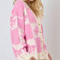 Pink Bowknot Checkered Pattern V Neck Drop Shoulder Button Up Cardigan