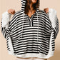 Black white Oversized Striped Henley Buttons Dolman Sleeve Hooded Top