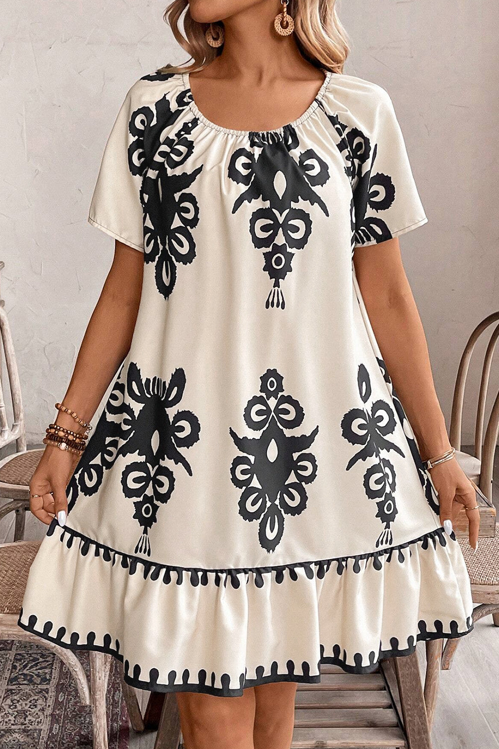 Apricot Western Print Ruffled Short Sleeve Loose Dress