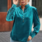 Green Frilled Neck Buttoned Front Velvet Top