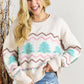 White Striped Christmas Tree Ribbed Trim Drop Shoulder Sweater