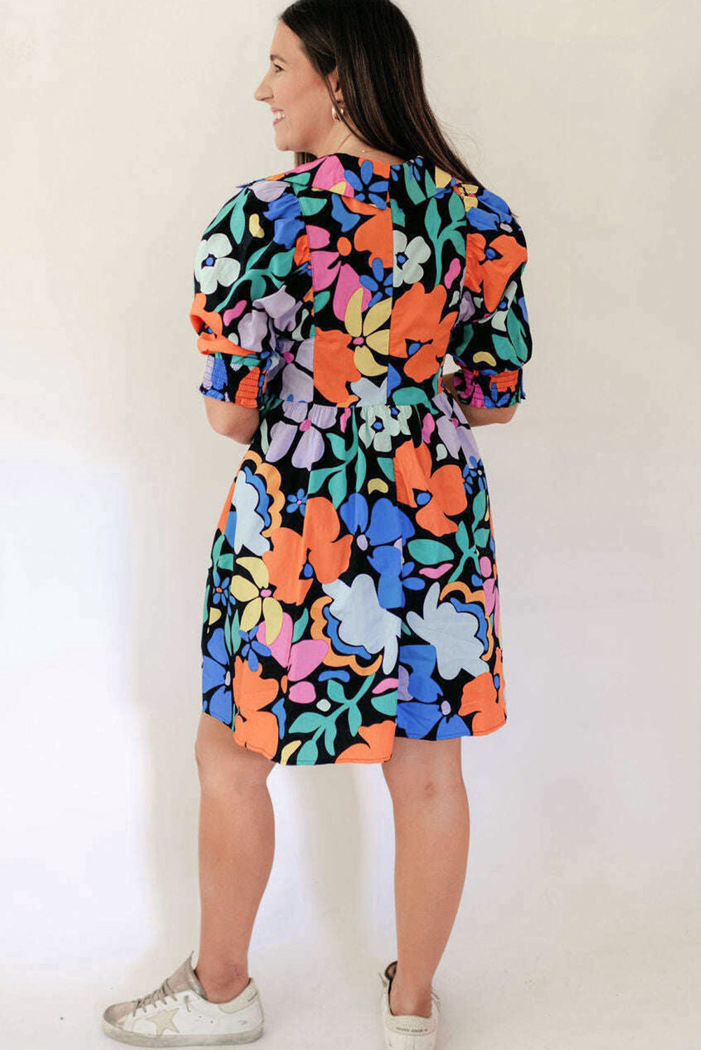 Blue Collared Split Neck Floral Flared Dress