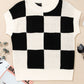 Black Checkered Color Block Crew Neck Short Sleeve Sweater