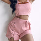 Buckled Cami Top & Pearls Studded Bowknot Design Shorts Set