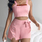 Buckled Cami Top & Pearls Studded Bowknot Design Shorts Set