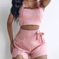 Buckled Cami Top & Pearls Studded Bowknot Design Shorts Set