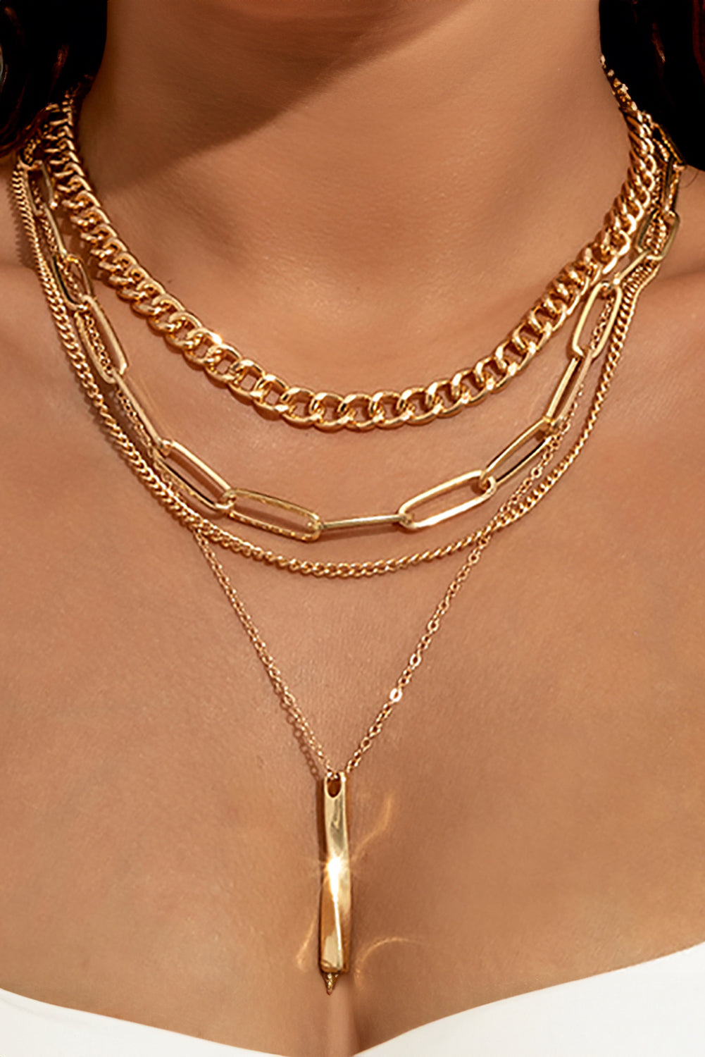 Gold Multi Layered Bar Pendant Plated Chain Necklace