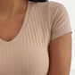 Plain V Neck Short Sleeve High Strechy T Shirt Casual Slim Fit Knit Top