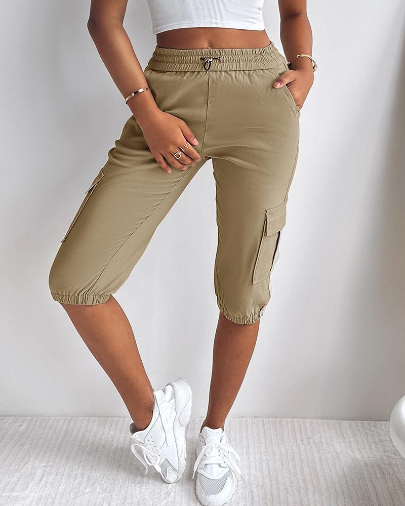 Side Pockets Drawstring Waist Cropped Cargo Pants