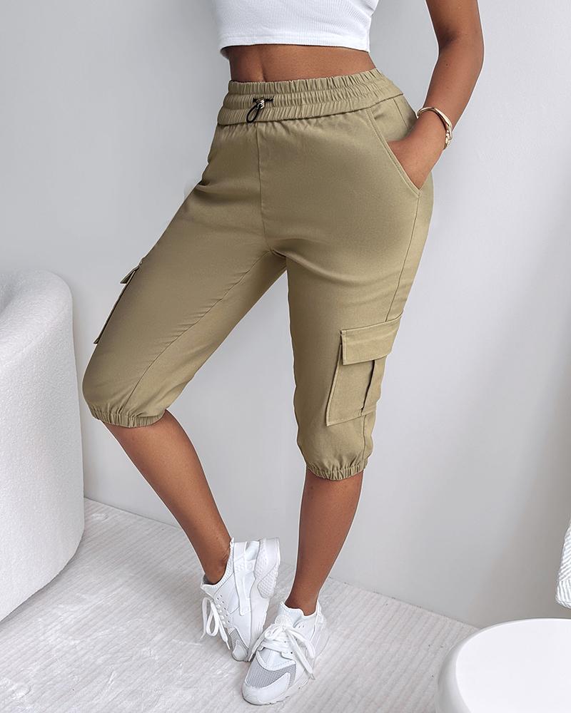 Side Pockets Drawstring Waist Cropped Cargo Pants