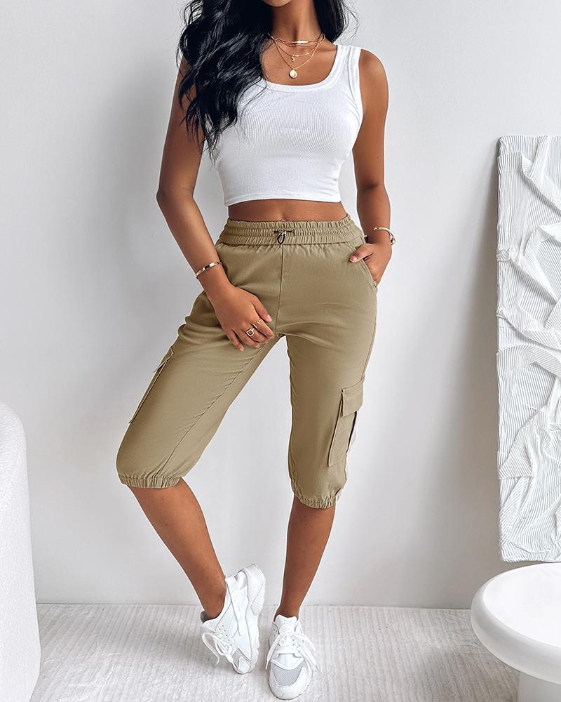 Side Pockets Drawstring Waist Cropped Cargo Pants