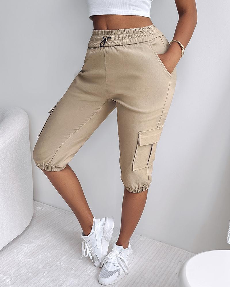 Side Pockets Drawstring Waist Cropped Cargo Pants