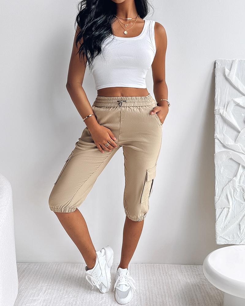 Side Pockets Drawstring Waist Cropped Cargo Pants